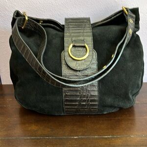 Black Suede Paola Del Lunge Italian Leather Bag Purse Handbag 14”x 12”x3”